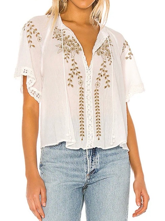 Free People Tops - Free People Dahlia Embroidered Blouse Ivory Boho Lace Flutter Sleeve Size M